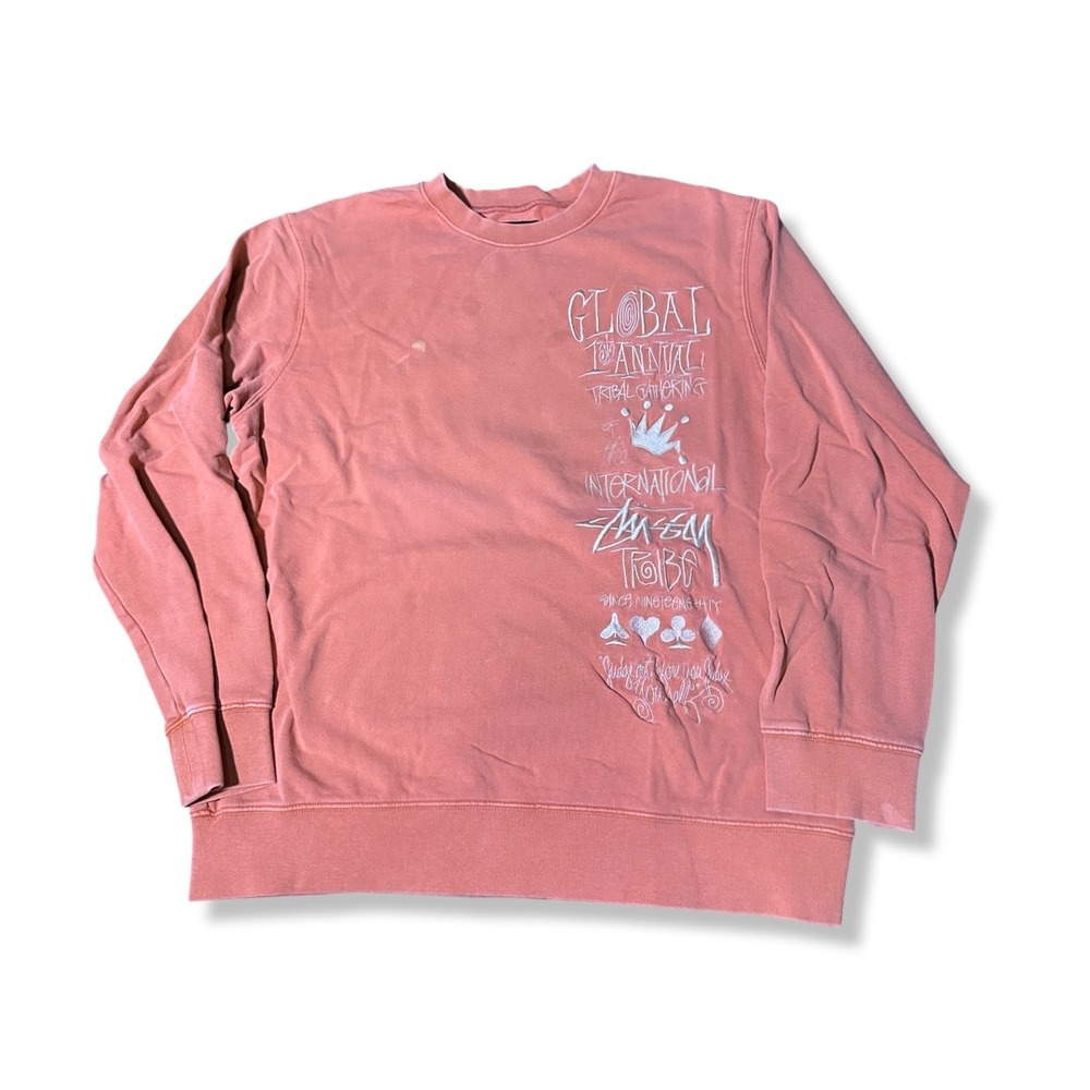 Stussy Sweatshirt Mens Medium Pink Preowned Global Tribal Gathering Embroidered